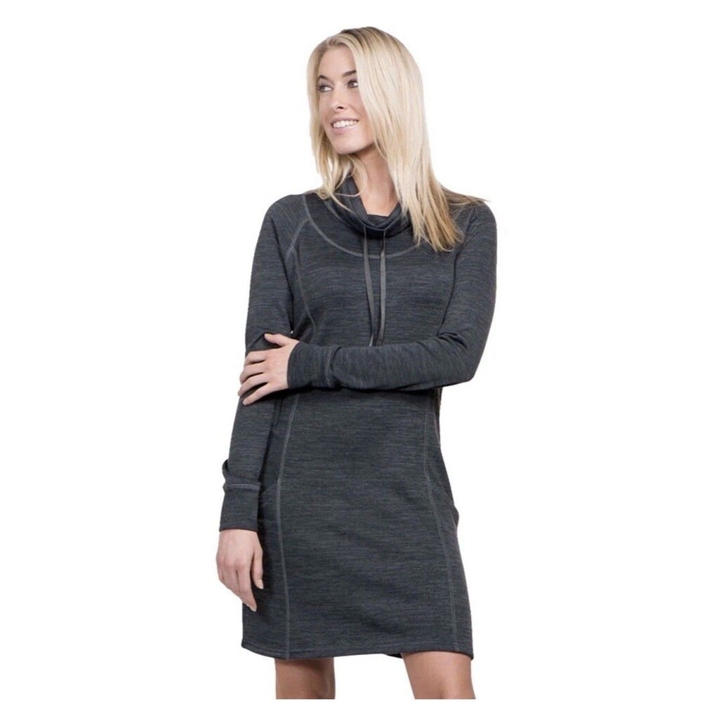 Kuhl Lea Sweater Dress Womens Medium Dark Gray Cowl Neck Knee Length Pocket